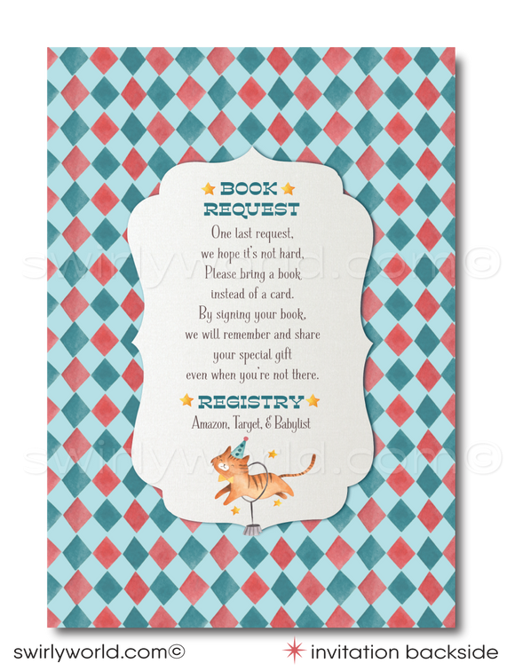 Delight in our French Vintage Carnival Circus Baby Shower Set, featuring watercolor circus characters like elephants, tigers, and pandas. Customize this nostalgic printed invitations with movable layers and vintage fonts. Perfect for a gender-neutral couple's shower that's as enchanting as it is memorable.