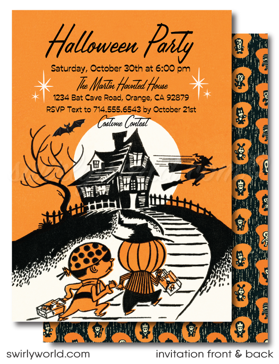 Throw a nostalgic Halloween bash with our 1950s-style Mid-Century Modern Retro Party Invitation! Featuring a haunted house, trick-or-treaters, and a witch flying across a moonlit sky, this digital download is easily customizable and perfect for capturing vintage vibes. Download, post, print, or email in seconds!