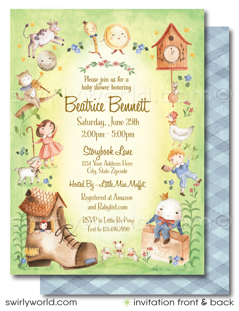 Dive into the enchanting world of childhood stories with our "Mother Goose" Nursery Rhymes Baby Shower Invitation Set. Inspired by classic nursery rhymes that have delighted generations, this printed invitation set features soothing green and blue tones and delightful character illustrations of Little Bo Peep, The Cat and the Fiddle, Humpty Dumpty, Three Blind Mice, The Old Woman in the Shoe, The Itsy Bitsy Spider, Mary Had A Little Lamb