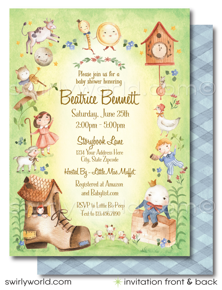 Dive into the enchanting world of childhood stories with our "Mother Goose" Nursery Rhymes Baby Shower Invitation Set. Inspired by classic nursery rhymes that have delighted generations, this printed invitation set features soothing green and blue tones and delightful character illustrations of Little Bo Peep, The Cat and the Fiddle, Humpty Dumpty, Three Blind Mice, The Old Woman in the Shoe, The Itsy Bitsy Spider, Mary Had A Little Lamb