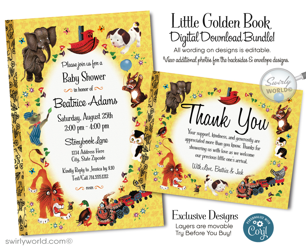 This delightful Little Golden Book digital downloadable invite set is inspired by the beloved nursery rhymes and timeless tales that have captured the hearts of generations. Featuring classic yellow tones and charming spot illustrations of iconic Little Golden Book characters, including the Pokey Little Puppy, The Shy Little Kitten, The Saggy Baggy Elephant, Tawny Scrawny Lion, and Scuffy the Tugboat