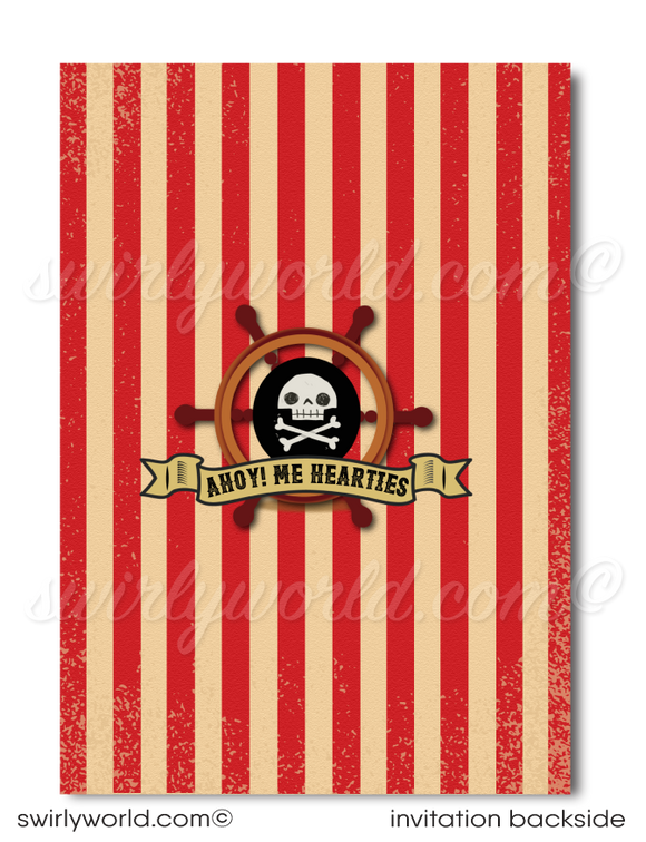 Throw a swashbuckling birthday party with this adventurous High Seas Pirate Birthday Party Invitation Digital Download Design! This design features a fierce Pirate Captain, a booty filled treasure chest, and a pillaging pirate ship to make your little one's special day an unforgettable seafaring adventure!