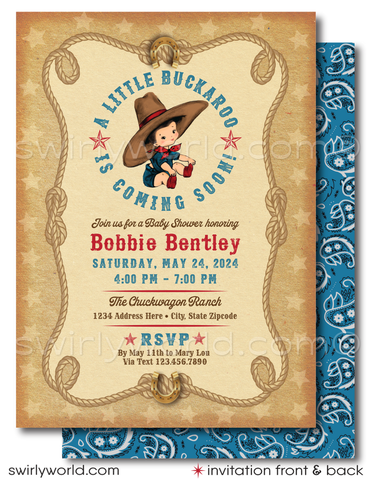 Throw a yee-haw-worthy baby shower with Swirly World's Retro 1950s Cowboy Theme Invitation Set! Features a baby cowboy, western fonts, and classic bandana patterns in red, blue, and brown. Edit easily with Corjl. Perfect for a vintage-inspired, cowboy-themed celebration for your little boy.