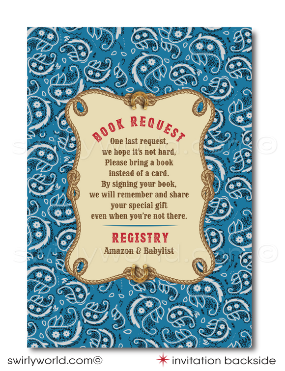 Throw a yee-haw-worthy baby shower with Swirly World's Retro 1950s Cowboy Theme Invitation Set! Features a baby cowboy, western fonts, and classic bandana patterns in red, blue, and brown. Edit easily with Corjl. Perfect for a vintage-inspired, cowboy-themed celebration for your little boy.