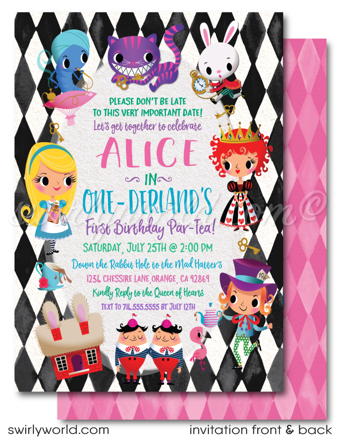 Alice in Wonderland Birthday Invitation, Red Floral Onederland 1st