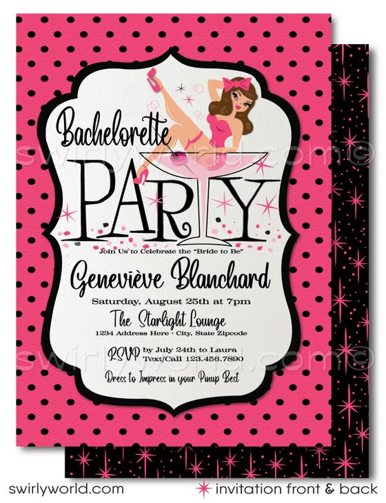 This pink and black Bachelorette party invitation features a captivating retro pin-up girl, gracefully perched in a martini glass, embodying the spirit of 1950's pin-up charm. Surrounded by retro atomic pink starbursts and complemented by mid-century modern style fonts, the design captures the essence of the era perfectly.