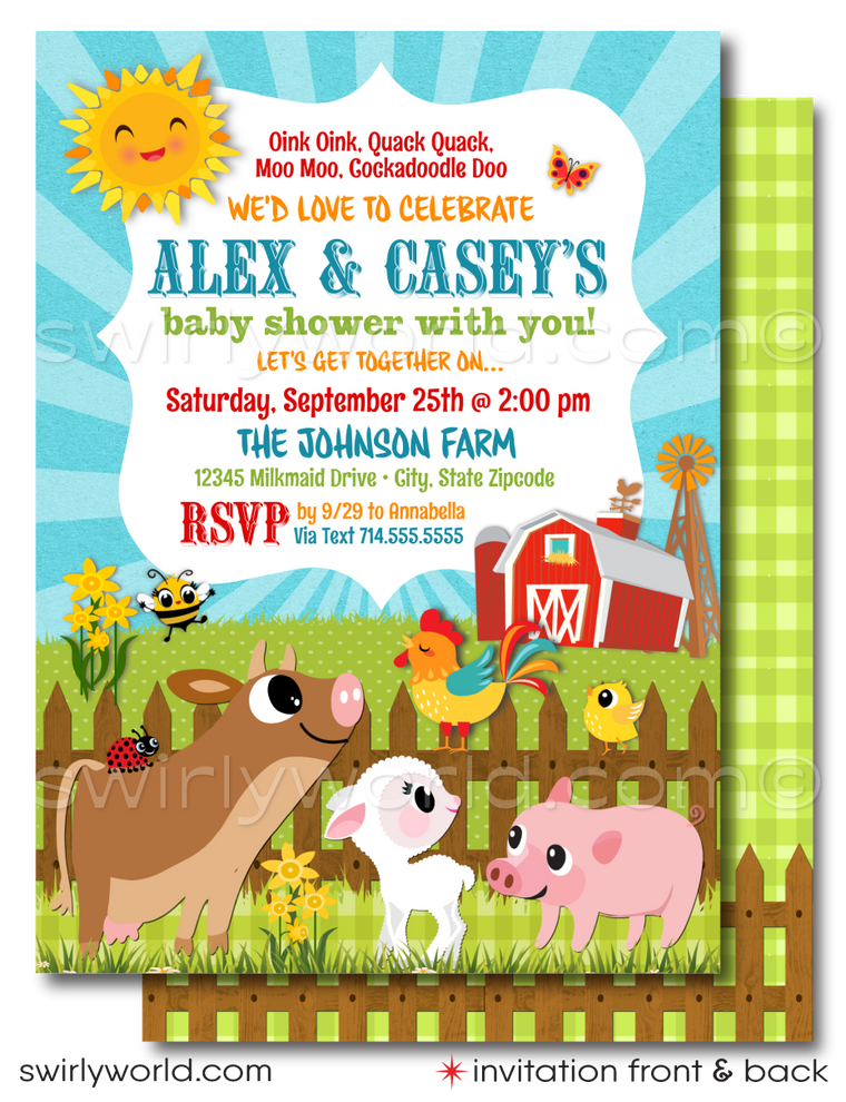 Invite joy with Swirly World's Farmer's Barnyard Baby Shower Invitation! Featuring a cow, lamb, pig, bee, and ladybug, this gender-neutral digital download sets a festive farm atmosphere. Includes invitations, thank you cards, and envelopes, all customizable for a charming celebration of your little one.