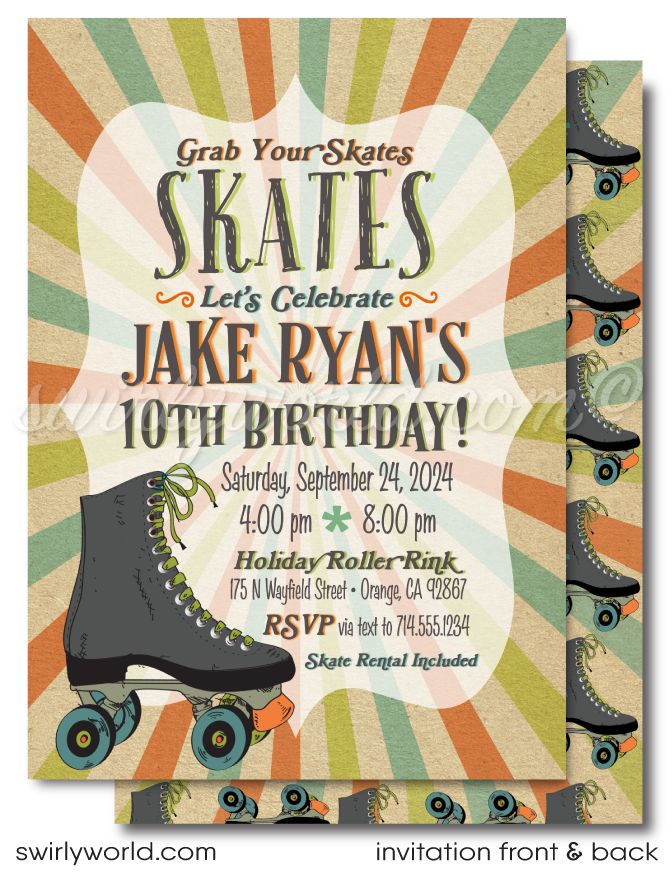 Roll back in time with our Vintage 70s Roller Skate Birthday Invitation set! Featuring a boy’s speed skate, psychedelic backdrop, and retro fonts, this bundle includes invitations, thank you cards, and envelopes. Customize with ease and enjoy expertly printed, vintage-themed party essentials delivered to your door!