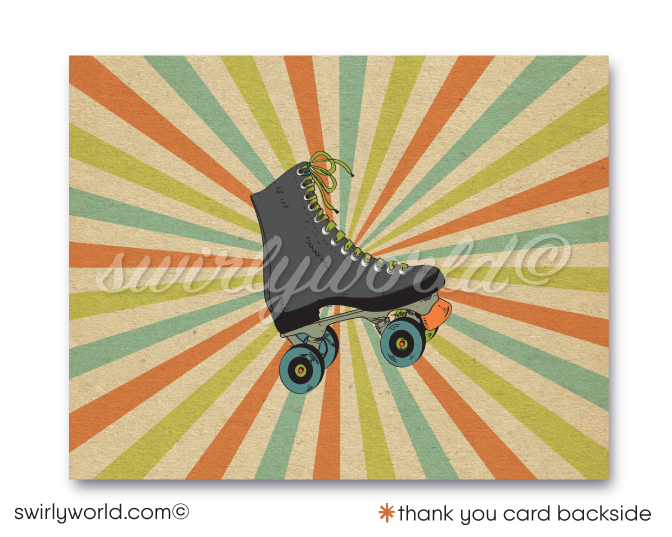 Roll back in time with our Vintage 70s Roller Skate Birthday Invitation set! Featuring a boy’s speed skate, psychedelic backdrop, and retro fonts, this bundle includes invitations, thank you cards, and envelopes. Customize with ease and enjoy expertly printed, vintage-themed party essentials delivered to your door!