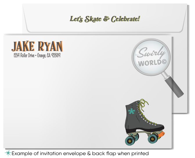 Roll back in time with our Vintage 70s Roller Skate Birthday Invitation set! Featuring a boy’s speed skate, psychedelic backdrop, and retro fonts, this bundle includes invitations, thank you cards, and envelopes. Customize with ease and enjoy expertly printed, vintage-themed party essentials delivered to your door!