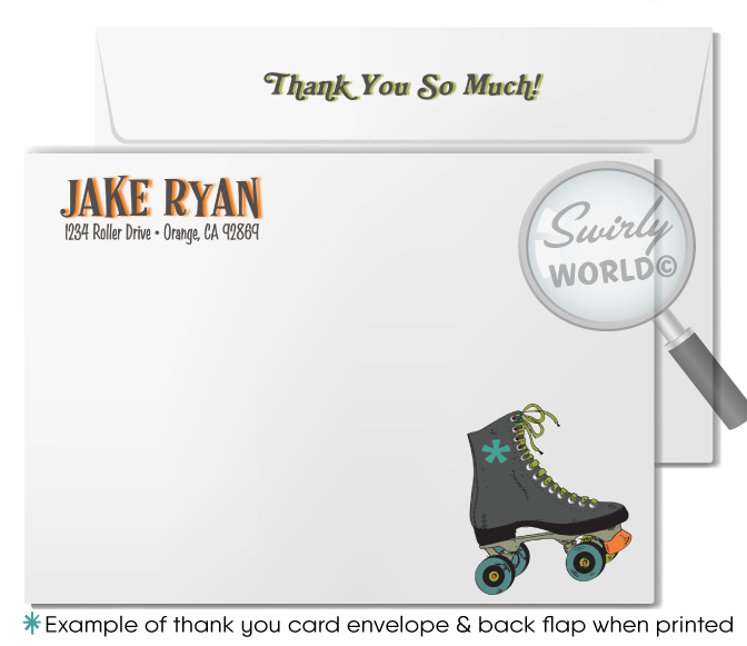 Roll back in time with our Vintage 70s Roller Skate Birthday Invitation set! Featuring a boy’s speed skate, psychedelic backdrop, and retro fonts, this bundle includes invitations, thank you cards, and envelopes. Customize with ease and enjoy expertly printed, vintage-themed party essentials delivered to your door!