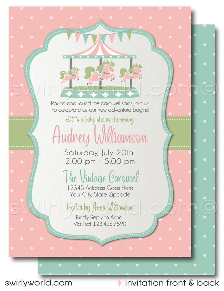 Invite guests to a nostalgic carousel-themed baby shower with Swirly World's Vintage Carousel Invitation Set. Features pastel colors, retro typography, and classic polka dots. Easily editable on Corjl. Perfect for a charming celebration at a park carousel. Includes invitations, thank you cards, and envelopes.