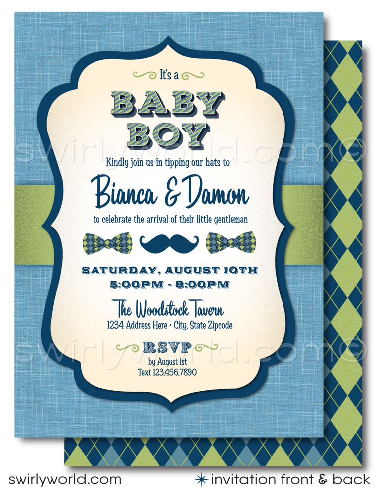 Host a stylish 'Little Gentleman' baby shower with Swirly World's hipster-themed invitation set. Features cool mustaches, bowties, and vintage typography in navy, baby blue, and green. Includes editable invites, thank you cards, and envelopes. Perfect for a trendy couple’s shower or baby sprinkle.