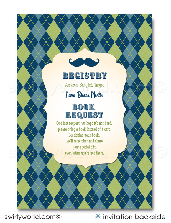 Host a stylish 'Little Gentleman' baby shower with Swirly World's hipster-themed invitation set. Features cool mustaches, bowties, and vintage typography in navy, baby blue, and green. Includes editable invites, thank you cards, and envelopes. Perfect for a trendy couple’s shower or baby sprinkle.