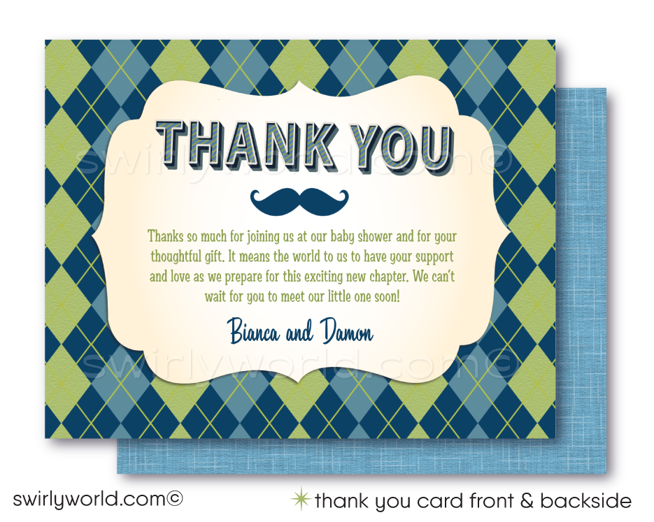 Host a stylish 'Little Gentleman' baby shower with our hipster-themed invitation set. Features cool mustaches, bowties, and vintage typography in navy, baby blue, and green. Includes editable invites, thank you cards, and envelopes. Perfect for a trendy couple’s shower or baby sprinkle.