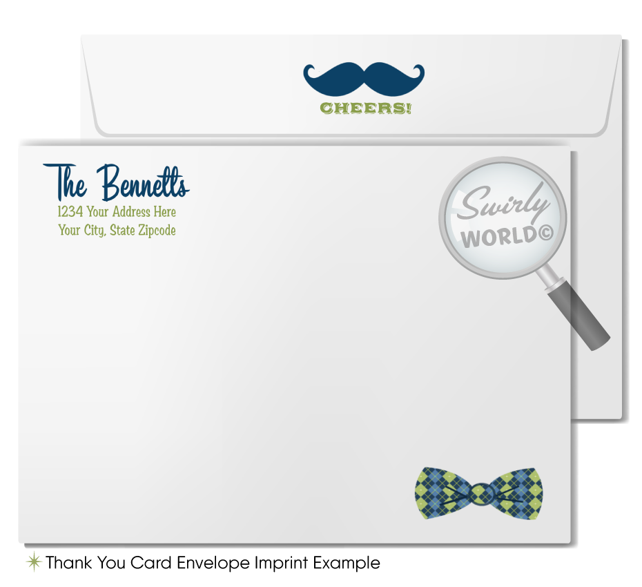 Host a stylish 'Little Gentleman' baby shower with our hipster-themed invitation set. Features cool mustaches, bowties, and vintage typography in navy, baby blue, and green. Includes editable invites, thank you cards, and envelopes. Perfect for a trendy couple’s shower or baby sprinkle.