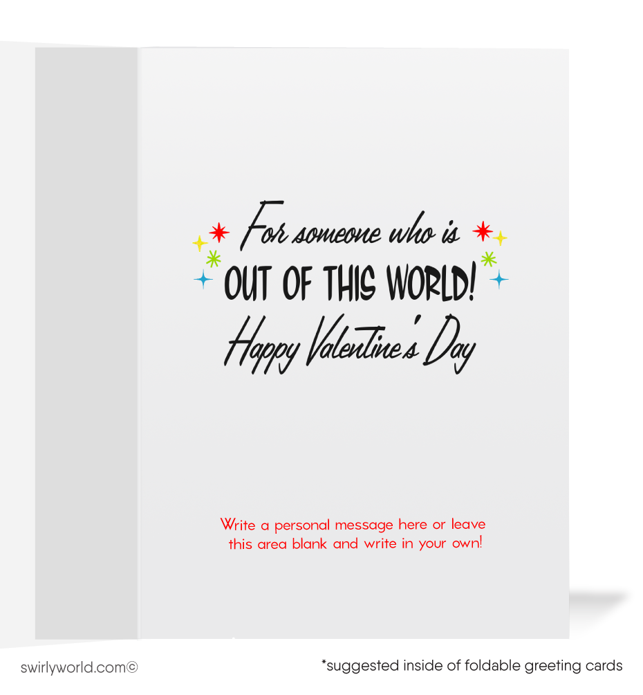 Charming 1940s-1950s Vintage-Inspired Valentine's Day Cards: Retro Space Aliens with Hearts