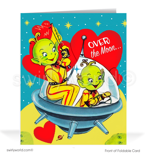 Celebrate Valentine’s Day with retro charm! Our vintage kitschy cards feature 1940s-50s designs, including adorable green aliens in an atomic-style spaceship on the moon.