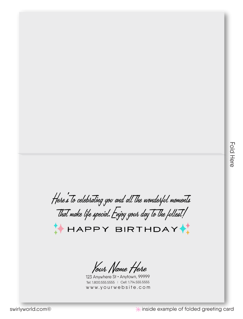 Celebrate your clients' special day with our exclusive retro mid-century modern Happy Birthday card. Featuring a vibrant cake with candles design, retro-style lettering, and classic MCM colors. Available as folded or flat cards, printed on thick card stock with matching envelopes. Upgrade to customized envelopes with your logo for a professional touch.