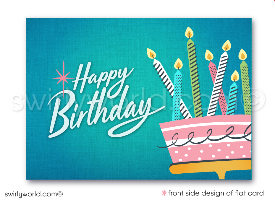 Celebrate your clients' special day with our exclusive retro mid-century modern Happy Birthday card. Featuring a vibrant cake with candles design, retro-style lettering, and classic MCM colors. Available as folded or flat cards, printed on thick card stock with matching envelopes. Upgrade to customized envelopes with your logo for a professional touch.