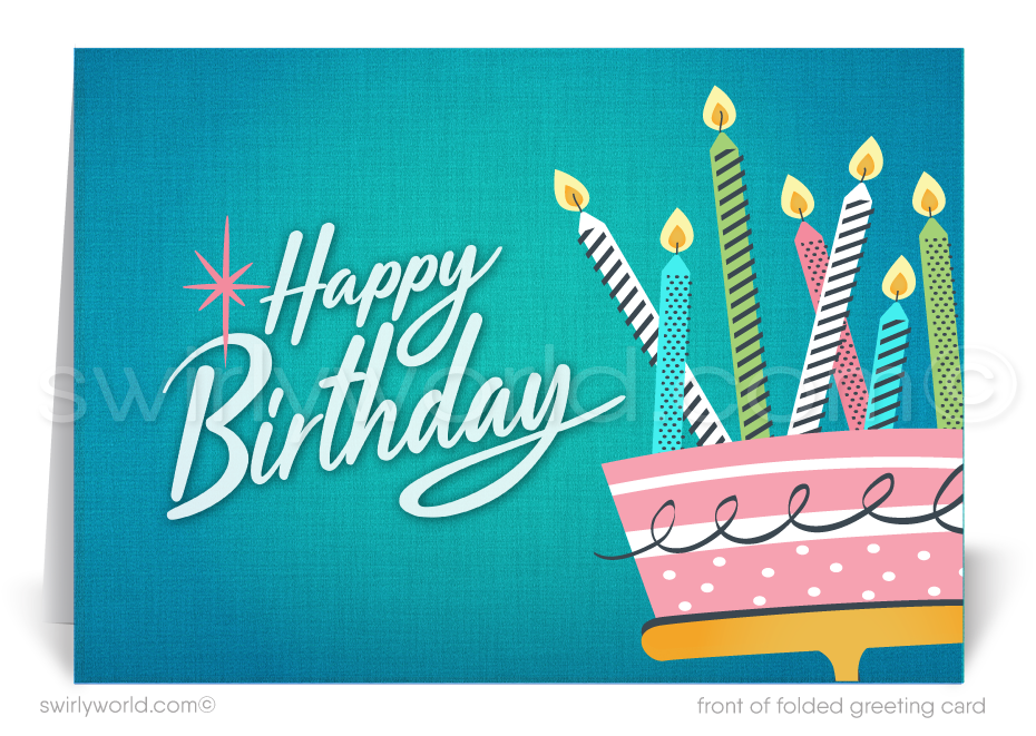 Celebrate your clients' special day with our exclusive retro mid-century modern Happy Birthday card. Featuring a vibrant cake with candles design, retro-style lettering, and classic MCM colors. Available as folded or flat cards, printed on thick card stock with matching envelopes. Upgrade to customized envelopes with your logo for a professional touch.