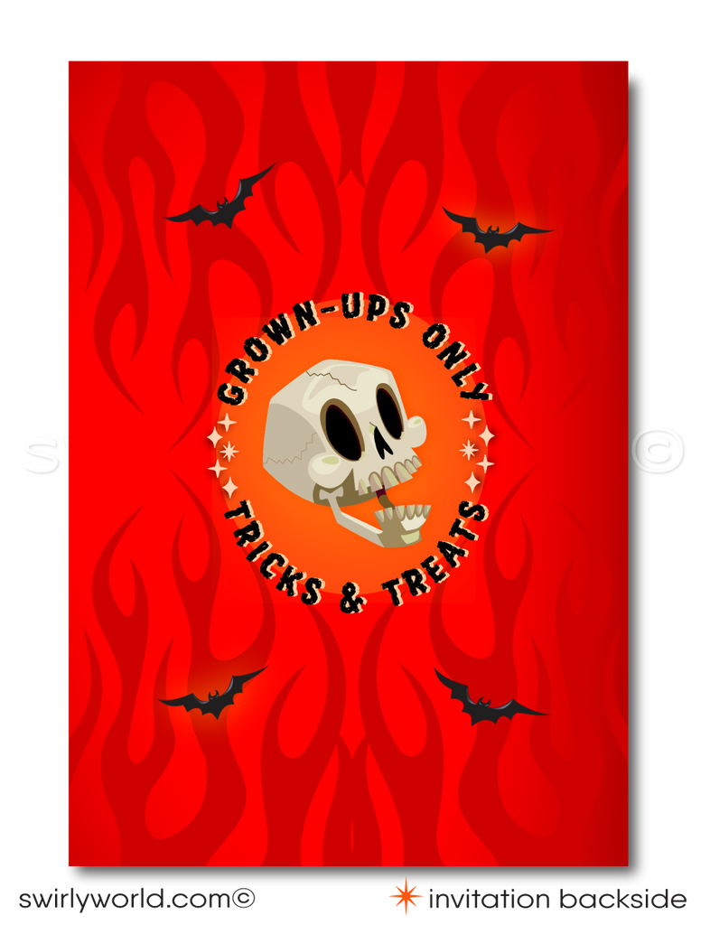 Set the perfect tone for your Halloween party with Swirly World's vintage-style "Boo's and Booze" invitation. Featuring a devilish hand holding a blood-red martini and a retro pinup girl, this elegant, spooky invite is fully customizable for your Halloween event. Download, personalize, and impress your guests!