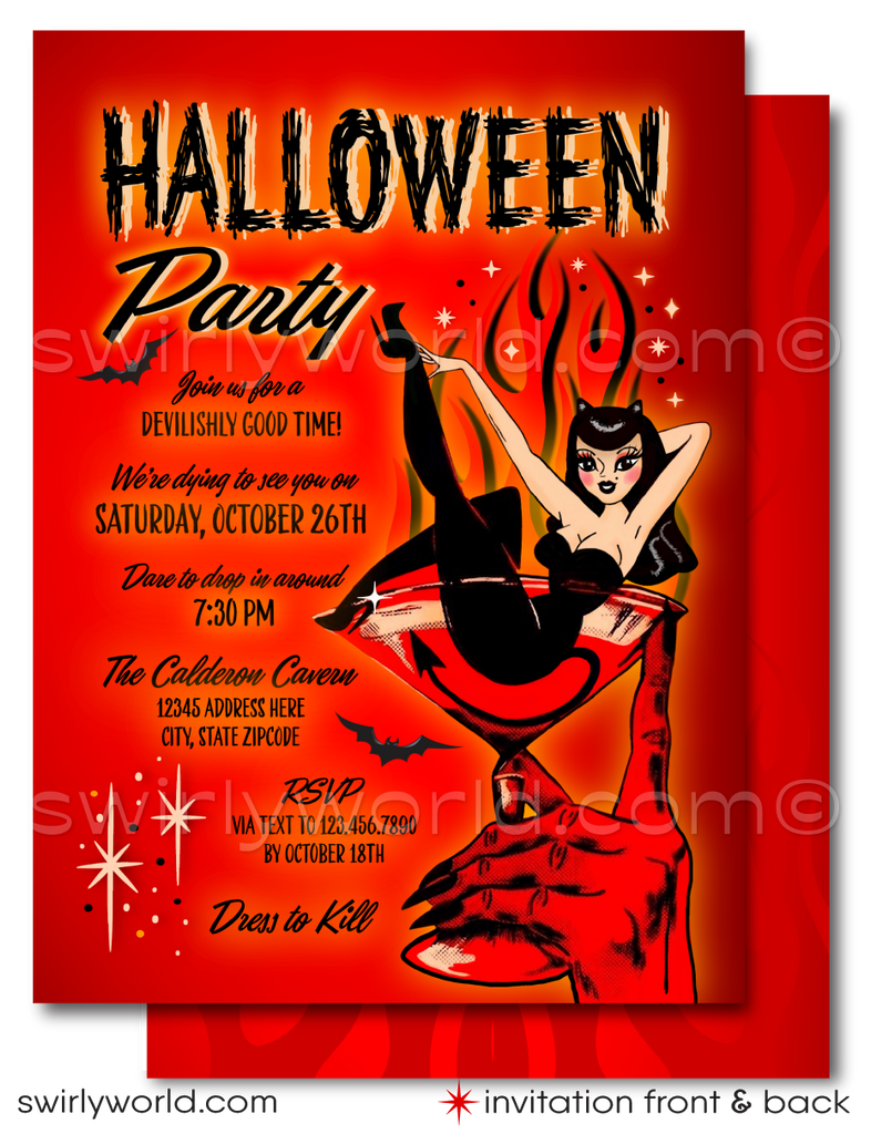 Impress your guests with Swirly World's printed "Boo's and Booze" Halloween invitations featuring a devilish hand holding a blood-red martini and a retro pinup girl. Complete with matching envelopes, these spooky yet elegant invites set the tone for an unforgettable Halloween party.

