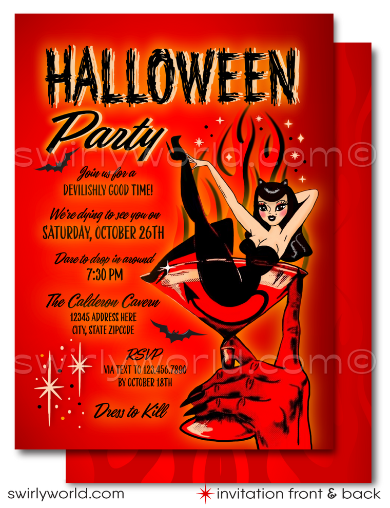 Impress your guests with Swirly World's printed "Boo's and Booze" Halloween invitations featuring a devilish hand holding a blood-red martini and a retro pinup girl. Complete with matching envelopes, these spooky yet elegant invites set the tone for an unforgettable Halloween party.

