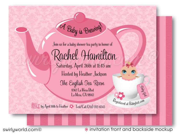 This delightful Baby Shower Tea Party digital invitation design features a tickled pink theme ideal for hosting a beautiful tea party celebration. Welcome your baby girl to the world with these precious pink tea party digital invites and thank you cards.