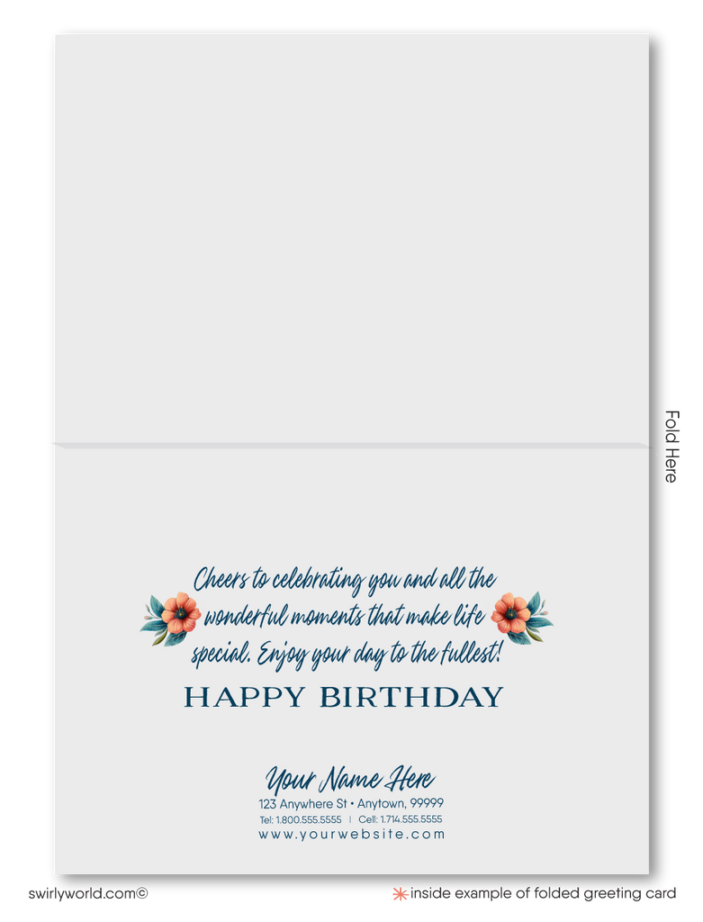 Celebrate your clients' special day with our unique Happy Birthday card featuring vintage-style calligraphy and botanical floral elements. Available as folded or flat cards, printed on thick card stock with matching envelopes. Upgrade to customized envelopes with your logo for a professional touch.