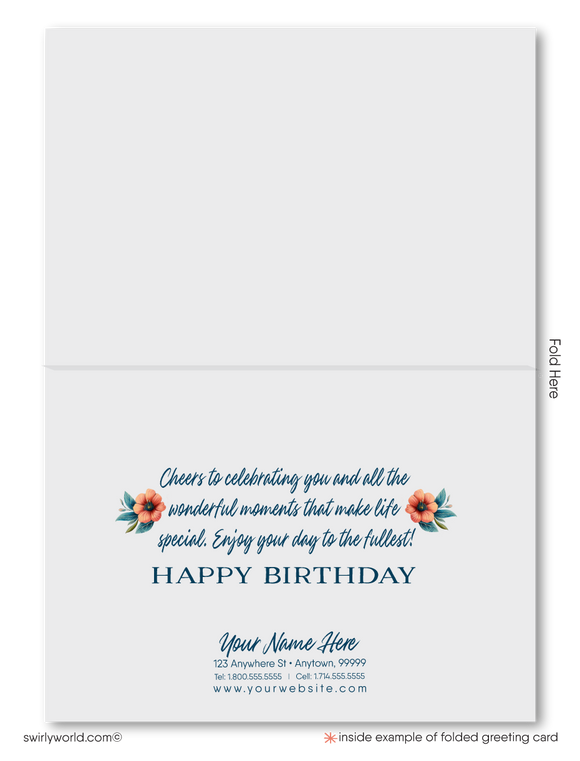 Celebrate your clients' special day with our unique Happy Birthday card featuring vintage-style calligraphy and botanical floral elements. Available as folded or flat cards, printed on thick card stock with matching envelopes. Upgrade to customized envelopes with your logo for a professional touch.