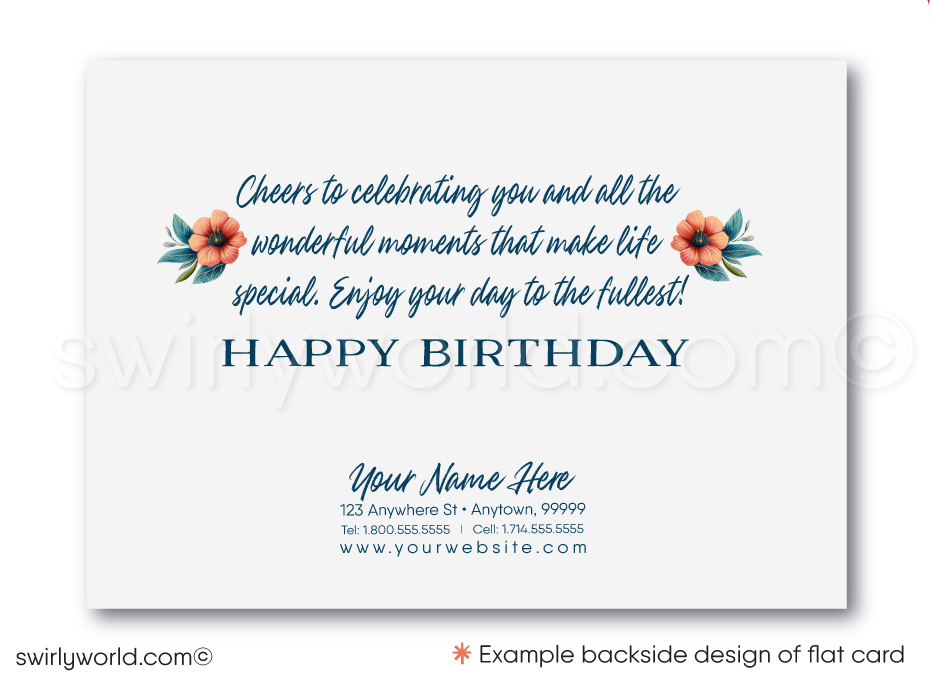 Celebrate your clients' special day with our unique Happy Birthday card featuring vintage-style calligraphy and botanical floral elements. Available as folded or flat cards, printed on thick card stock with matching envelopes. Upgrade to customized envelopes with your logo for a professional touch.