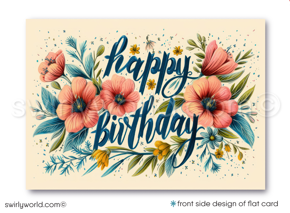 Celebrate your clients' special day with our unique Happy Birthday card featuring vintage-style calligraphy and botanical floral elements. Available as folded or flat cards, printed on thick card stock with matching envelopes. Upgrade to customized envelopes with your logo for a professional touch.