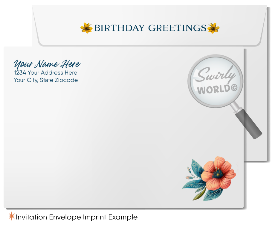 Celebrate your clients' special day with our unique Happy Birthday card featuring vintage-style calligraphy and botanical floral elements. Available as folded or flat cards, printed on thick card stock with matching envelopes. Upgrade to customized envelopes with your logo for a professional touch.