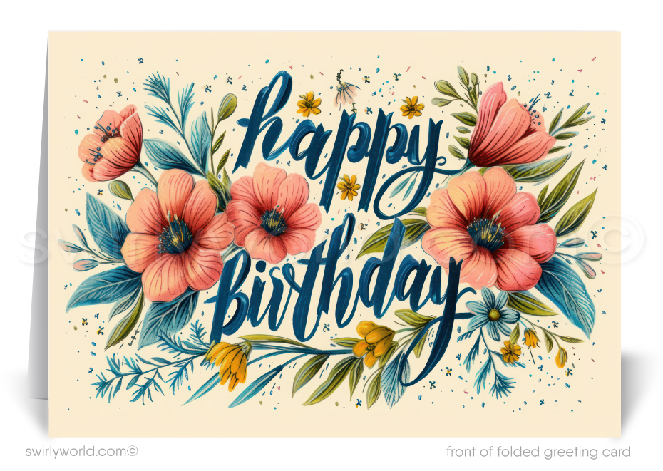 Celebrate your clients' special day with our unique Happy Birthday card featuring vintage-style calligraphy and botanical floral elements. Available as folded or flat cards, printed on thick card stock with matching envelopes. Upgrade to customized envelopes with your logo for a professional touch.