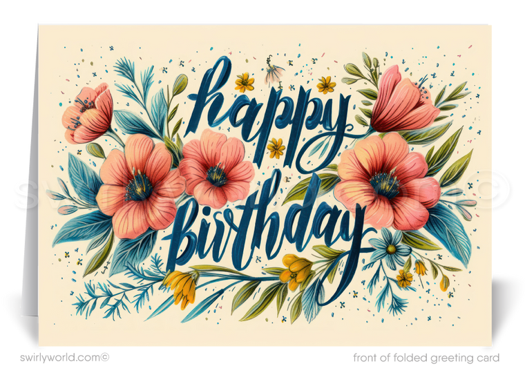 Celebrate your clients' special day with our unique Happy Birthday card featuring vintage-style calligraphy and botanical floral elements. Available as folded or flat cards, printed on thick card stock with matching envelopes. Upgrade to customized envelopes with your logo for a professional touch.