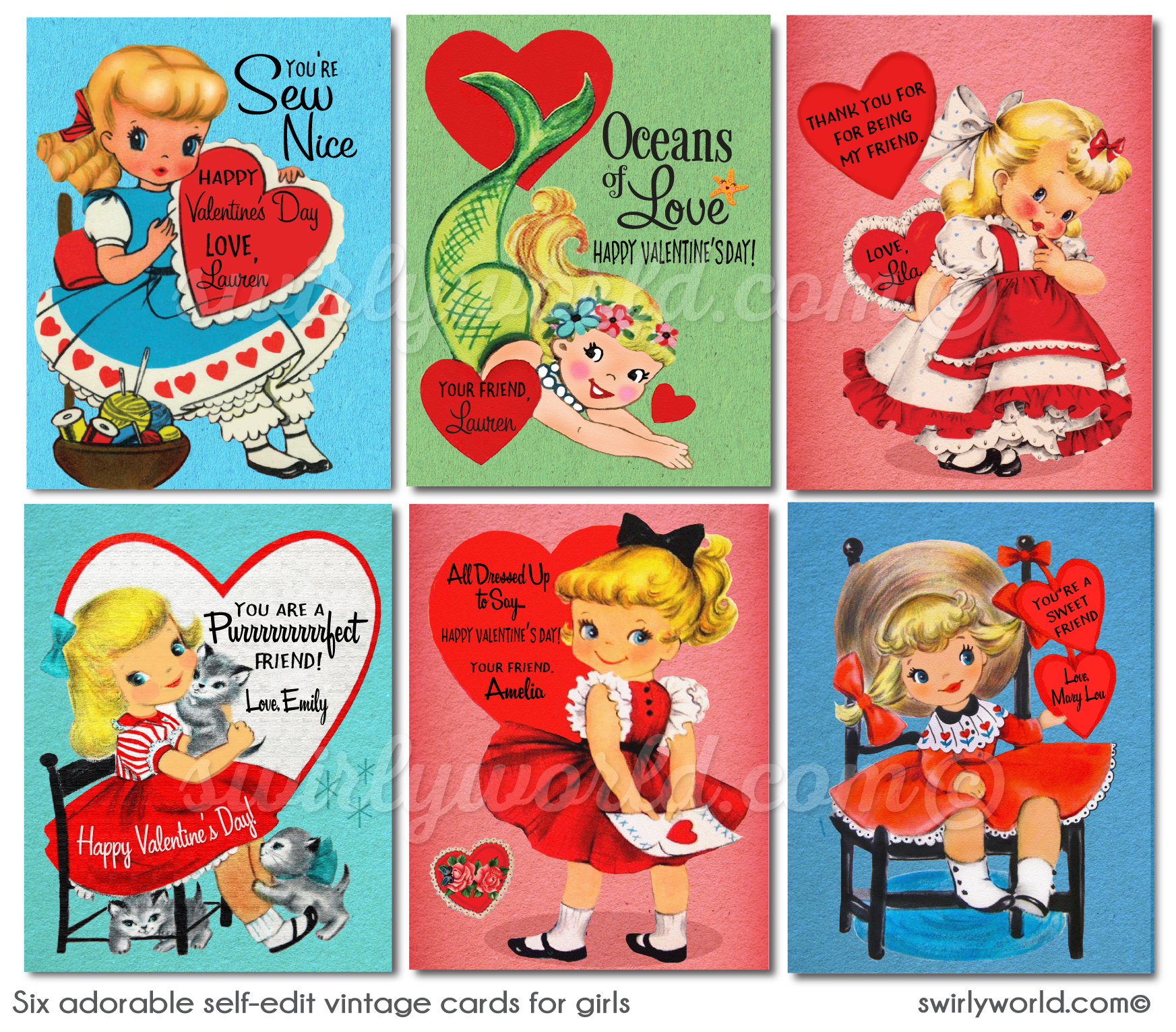 Digital 1950s Vintage Mid-Century Retro Valentine's Day Cards for