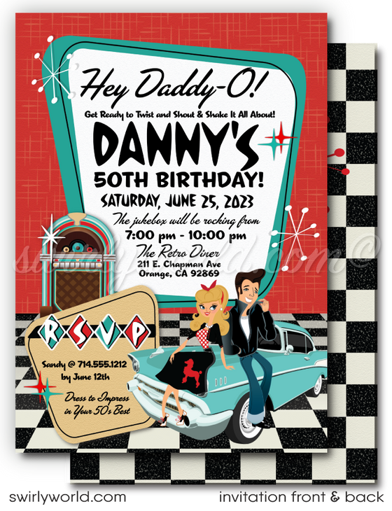 Step back to the 1950s with Swirly World's Retro Rockabilly Birthday Party Invitation Set! 🎉✨ Featuring a stylish couple, poodle skirt, leather jacket, and 1957 Chevy car. Customize hair, skin, and eye colors. Includes digital invitations, thank you cards, and envelopes. Perfect for a nostalgic celebration!