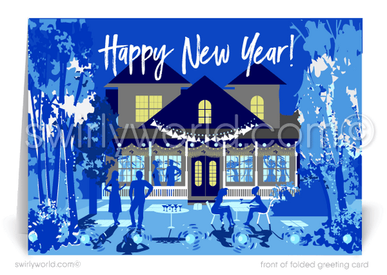 Celebrate with charm! Realtor New Year Greeting Cards feature a festive home, vibrant blue tones, golden glow, and retro calligraphy to connect with clients in style.