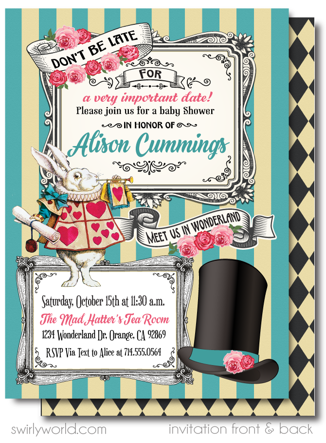Alice in Wonderland 10 Invites Birthday Vintage Tea Party Invitations