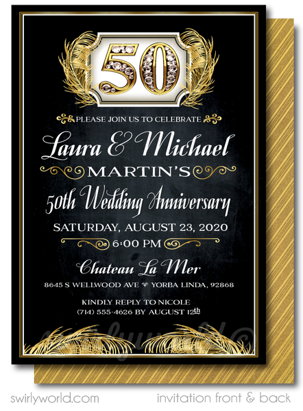 Cheers To 50 Years Black And Gold Printed 50th Wedding Anniversary Par Swirly World Design