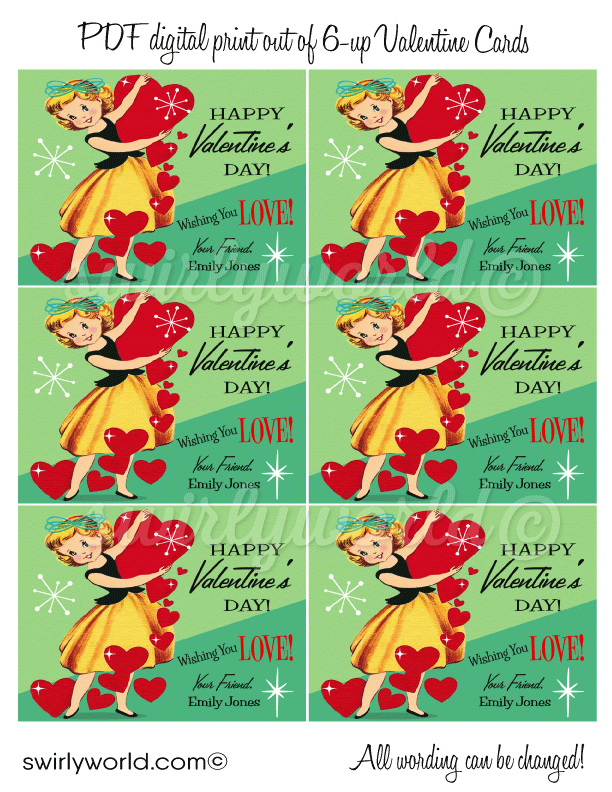 Vintage Retro 1950s Little Girl Kitschy Valentine's Day Card Digital D -  swirly-world-design