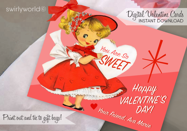 Vintage Retro Kitschy Girl Pink 1950's Valentine's Day Card