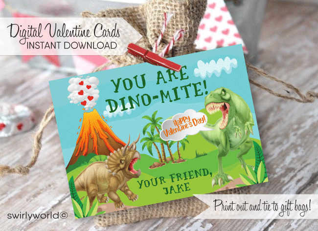 cool kids dinosaur tyrannosaurus rex t-rex valentine's day cards for school classroom. Dinomite