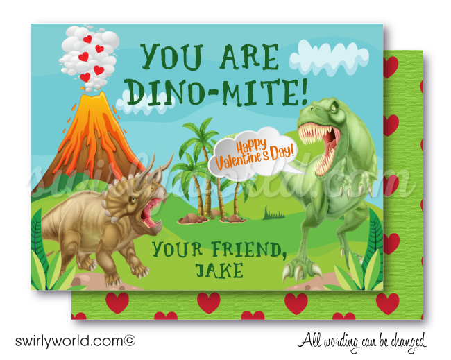 cool kids dinosaur tyrannosaurus rex t-rex valentine's day cards for school classroom. Dinomite