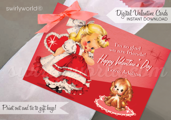 Vintage Girl Retro 1950s Kitschy Valentine's Day Card Digital Printabl -  swirly-world-design