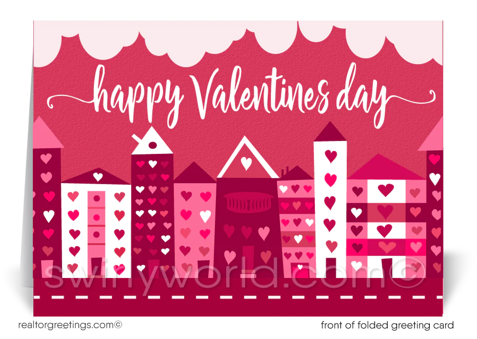 Cute Client Happy Valentine's Day Cards for Realtors®. Cute pink and red houses with hearts client happy Valentine's Day cards for realtors.