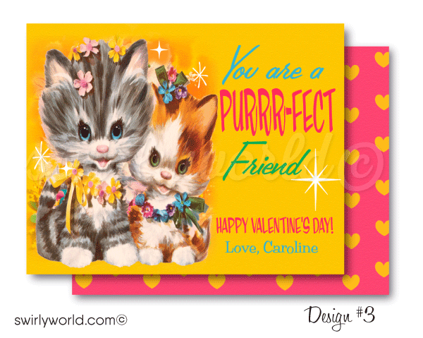 Vintage Retro 1950s Kitschy Girl with Kittens Valentine's Day Cards Di -  swirly-world-design
