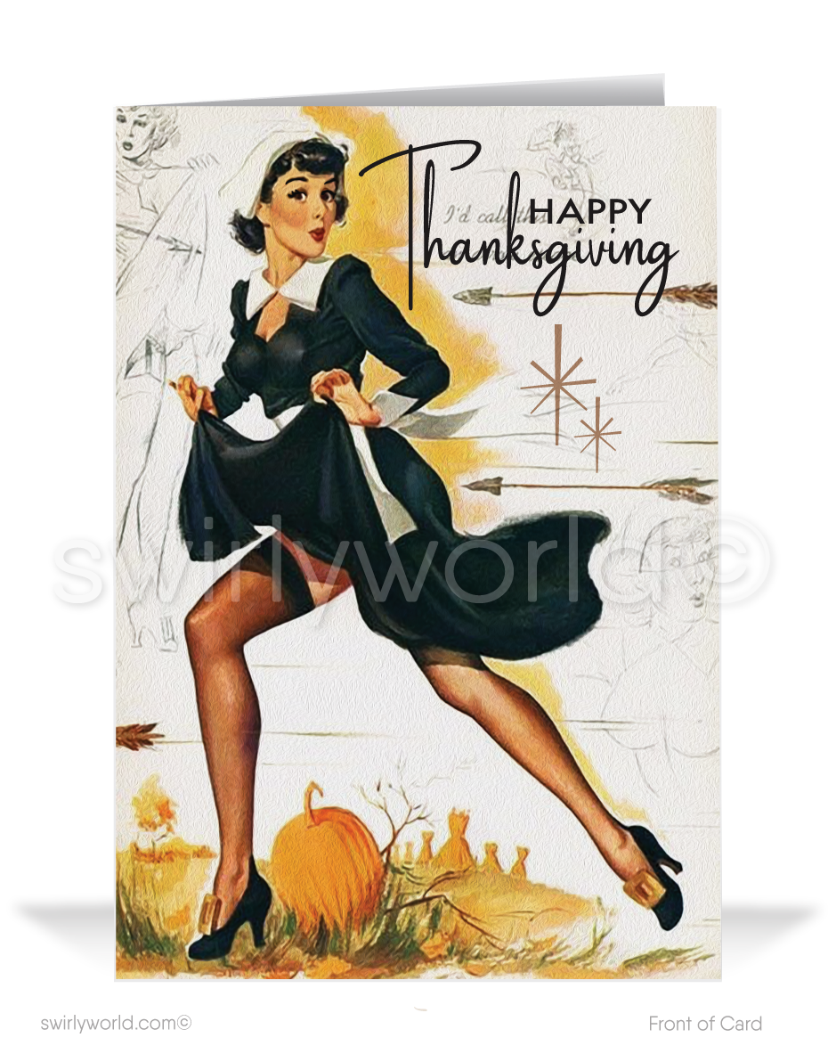Vintage Mid Century Modern Pinup Girl Pilgrim 1950s Style Thanksgiving Swirly World Design