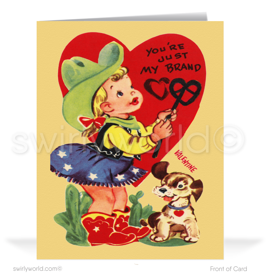 Charming 1940s-1950s Vintage-Inspired Valentine's Day Cards: Retro Cowgirl  with Hearts
